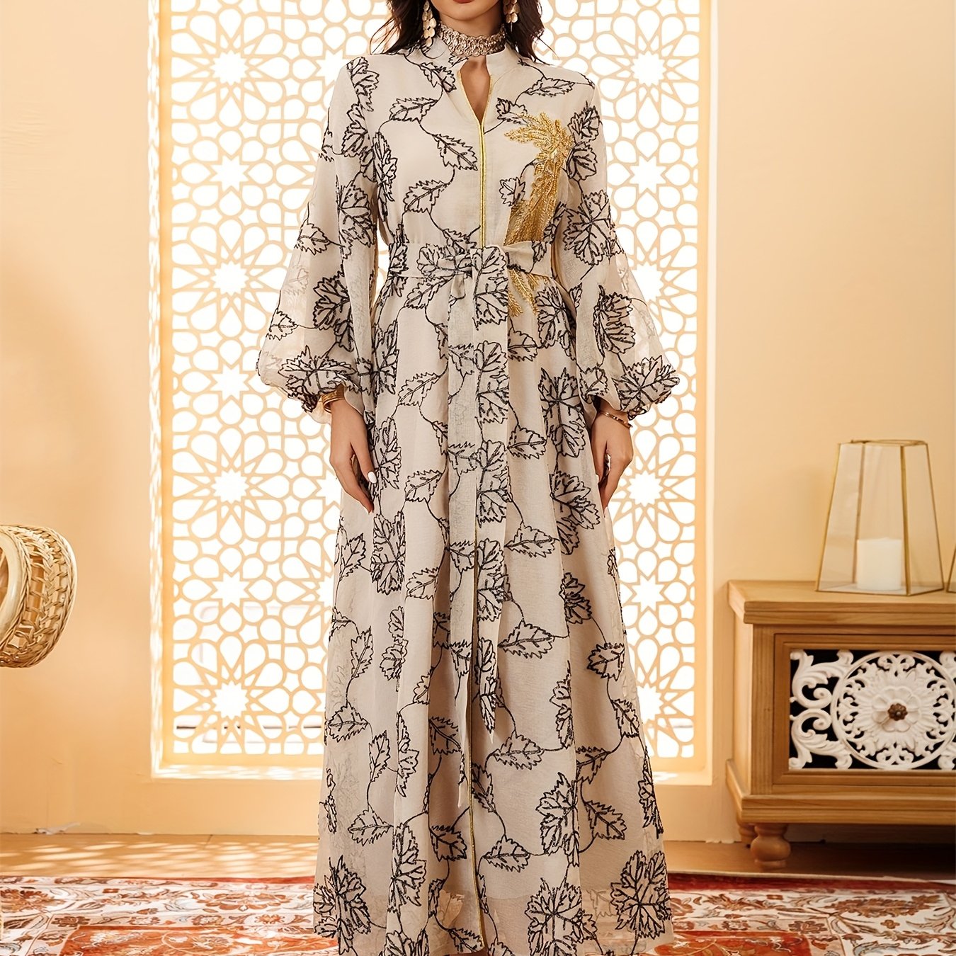 Dubai Floral Embroidery Belted Dress Belt included Lantern Sleeve Maxi Abaya Luxury Woman Evening Dresses Modern Kaftan 2025