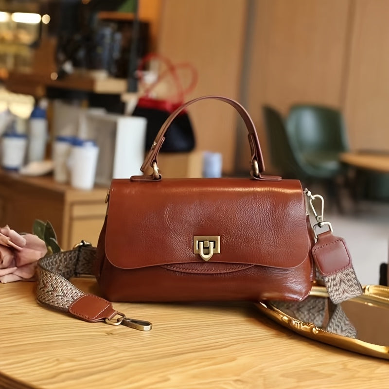 Genuine Leather Handbag for Women 2025 Vintage Lightweight Adjustable Crossbody Shoulder Bag with Snap Closure, Multiple Compartments