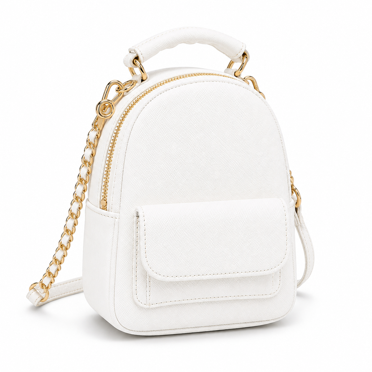 White Textured Mini Gold Chain Backpack