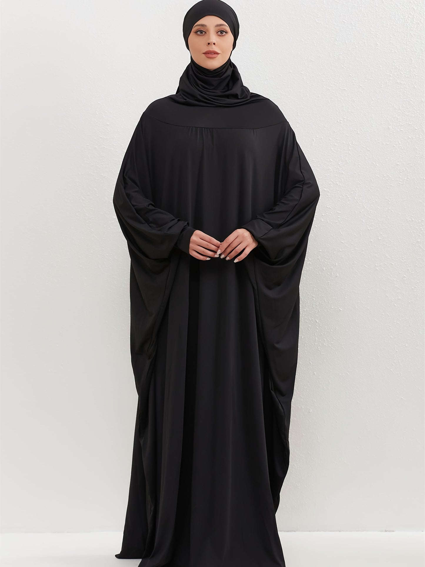 Ramadan Solid Hooded Kaftan, Elegant Batwing Sleeve Arabic Abaya, Women's Clothing