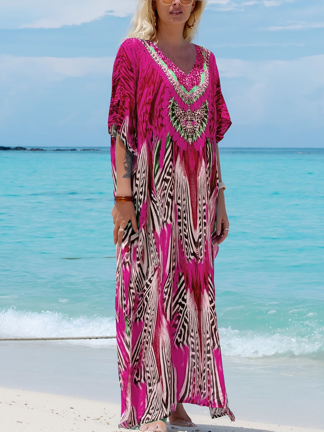 Elegant V-neck Batwing Sleeve Kaftan Abaya - Graphic Print, Maxi Length, Flowy Fit - Perfect for Ramadan and Special Occasions