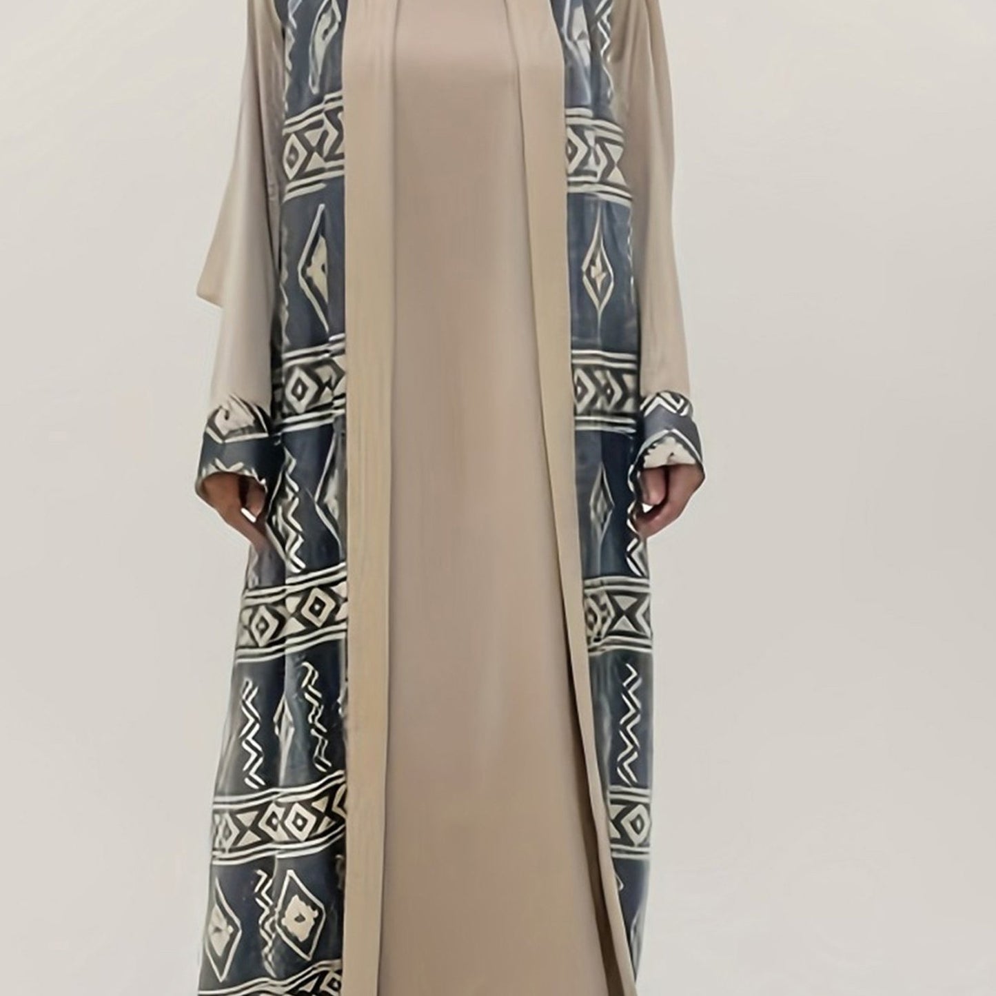 Women Abaya Burqa Long Loose Geometric Print Fake Two-Piece Long Sleeve Dress Middle Eastern Eid Clothes