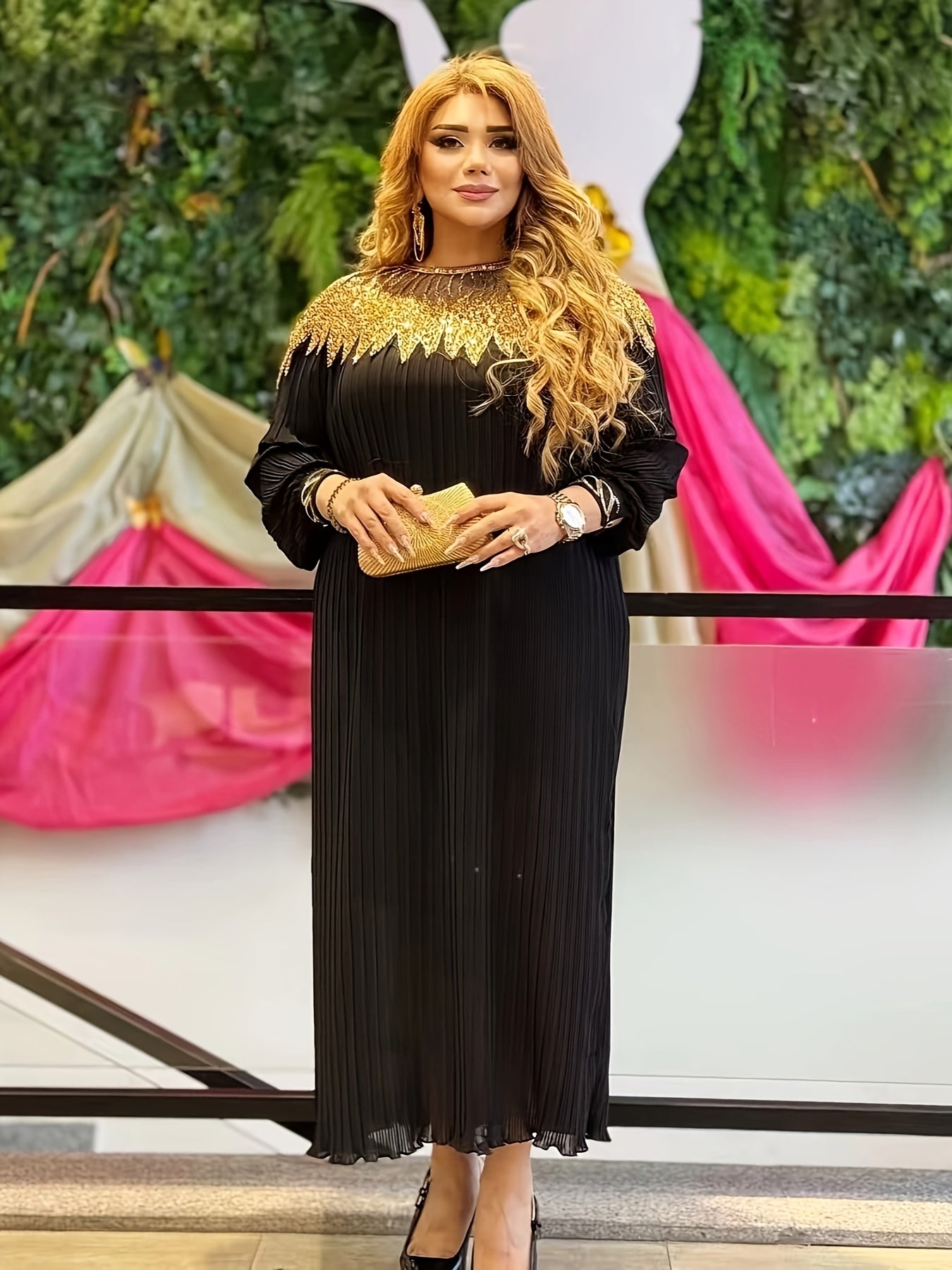 Elegant Black Sequin Gown with Golden Embellishments, Long Sleeves, and Asymmetrical Hem - Loose Fit Modern Abaya, Polyester, Perfect for Parties and Formal Events, Formal Event Attire