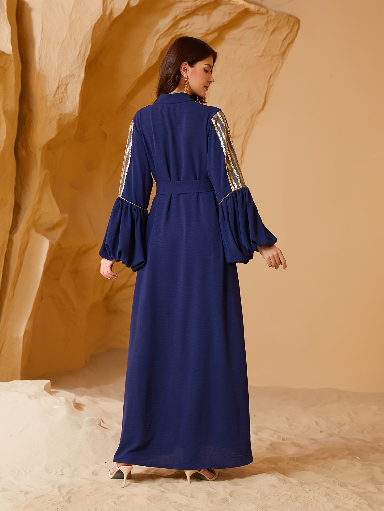 Elegant Blue & Golden Sequin Modern Abaya for Women - Long Sleeve, Lantern Sleeves, Belted Waist, Geometric Pattern, Loose Fit, Perfect for Spring/Summer/Fall Celebrations