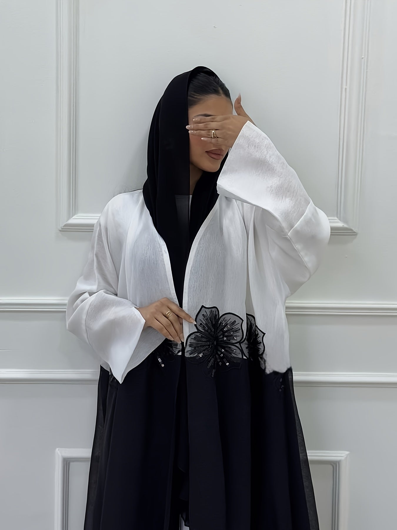 Elegant Modest Muslim Women's Abaya Robe with 3D Beaded Appliqués - Chic Open Front, Long Sleeve, High-Quality Fabric, Dark Blue & White Color Block, Loose Fit for All Seasons, Muslim Dress