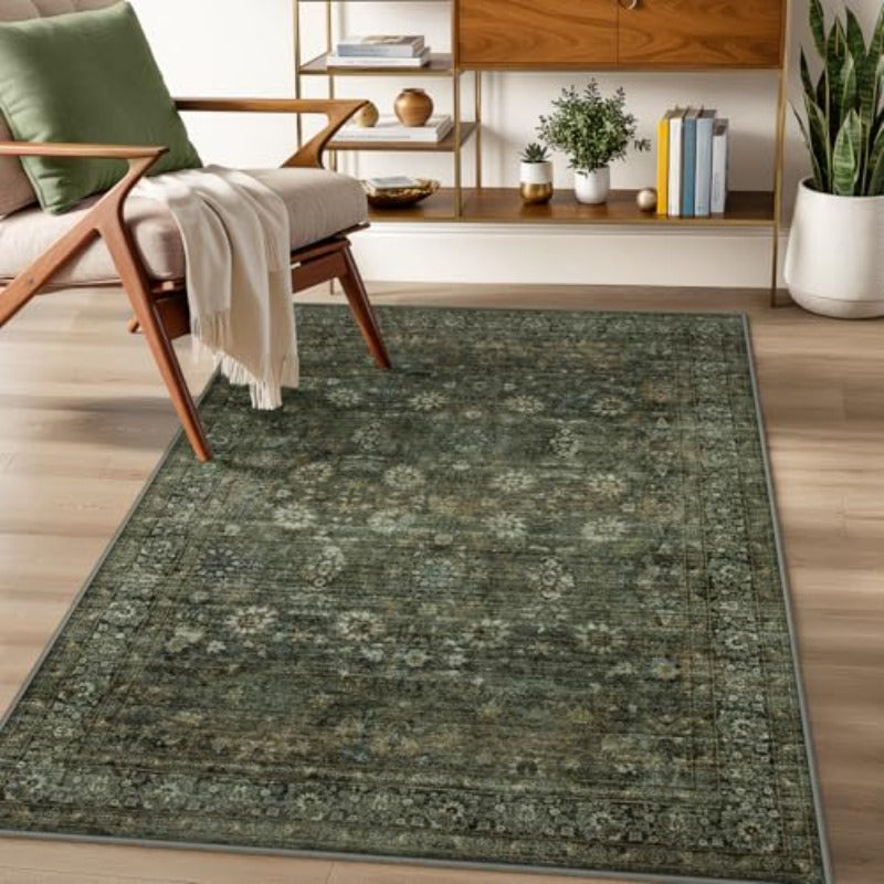 Green Boho Washable 3x5 Kitchen Rug Non SlipVintage Indoor Mats for Entryway Low Pile Small Rugs for Bedroom Throw Carpet for Entrance Bathroom Laundry Room Home Decor 3 x 5