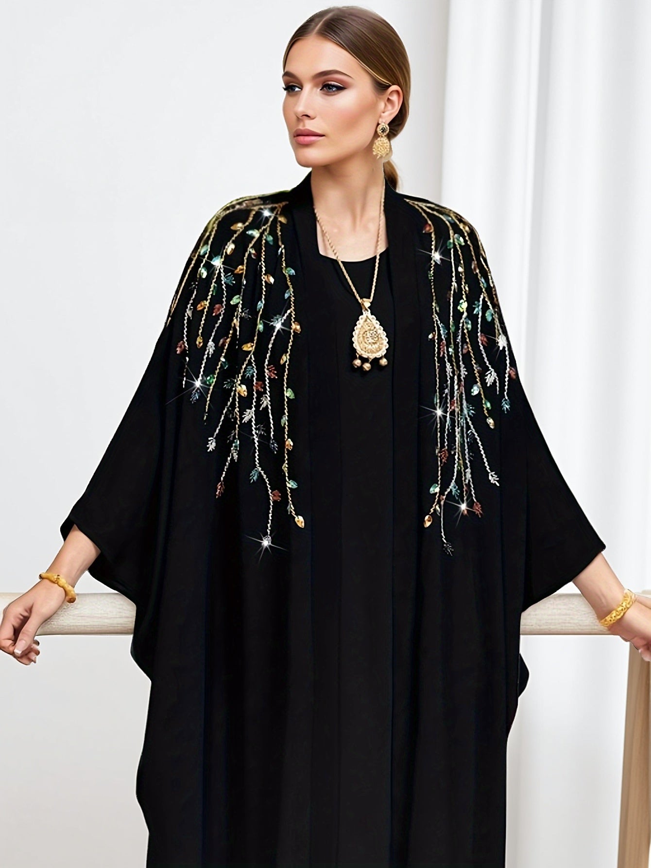 1pc Women's Black A-Line Abaya Dress with Sparkling Rhinestone Embellishments - Loose Fit Long Sleeve Elegant Party & Formal Wear for Birthdays, Weddings, Galas, Dresses for Party, Wedding Guest Attire, Flowy Fabric Gown, Nont