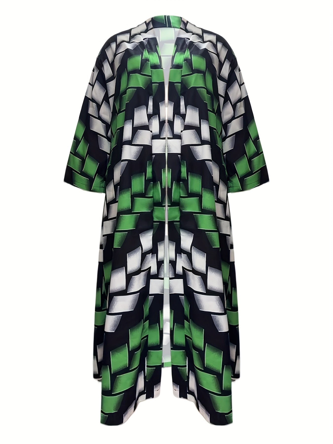 Chic Plus Size Open Front Kimono Abaya Cardigan - Casual & Versatile, Machine Washable, Polyester Blend with Elastane, Elegant Print Design