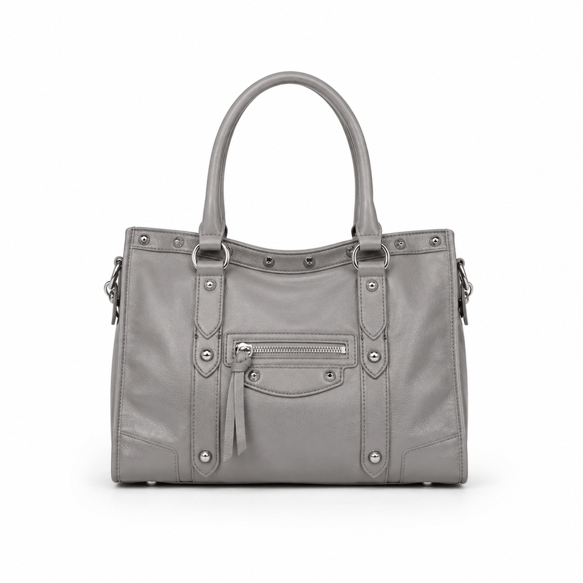Grey Studded Leather-Style Structured Handbag