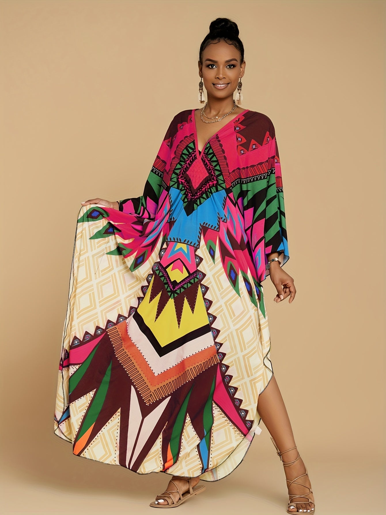 Women's Kaftan Dresses Geometric Patterns Floral Prints Beach Cover Up Chest Casual Home Vacation Ethnic Kaftan Robe Cover Up Batwing Sleeve Elegant Dress