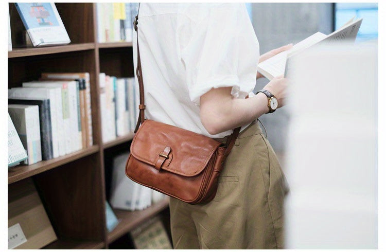 Japanese-Style Vintage Crossbody Shoulder Bag - Genuine Leather with Adjustable Strap & Golden-Tone Clasps, Zipper Closure, Polyester Lining