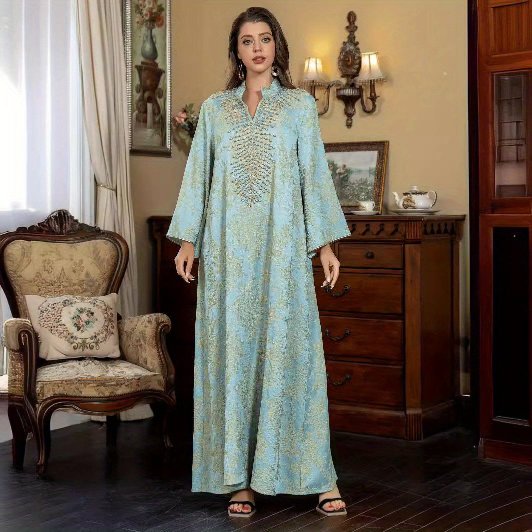 Women's Muslim Formal & Everyday Robe - Elegant Long Abaya Dress with Turquoise & Neutral Tones, Modest Islamic Clothing for Wedding, Party, Casual Attire - High-Quality Fabric, Wedding Attire, Jacquard Embroidery, Luxurious Texture