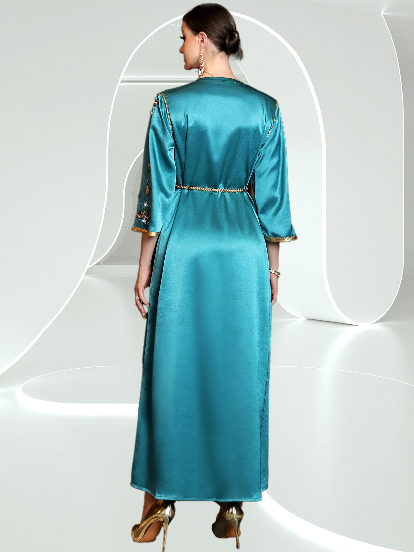 Elegant Rhinestone Embellished Polyester Abaya Dress, Solid Color, Woven Fabric, All-Season Long Robe with for Women, Middle Eastern Muslim Fashion Banquet Traditional Wear