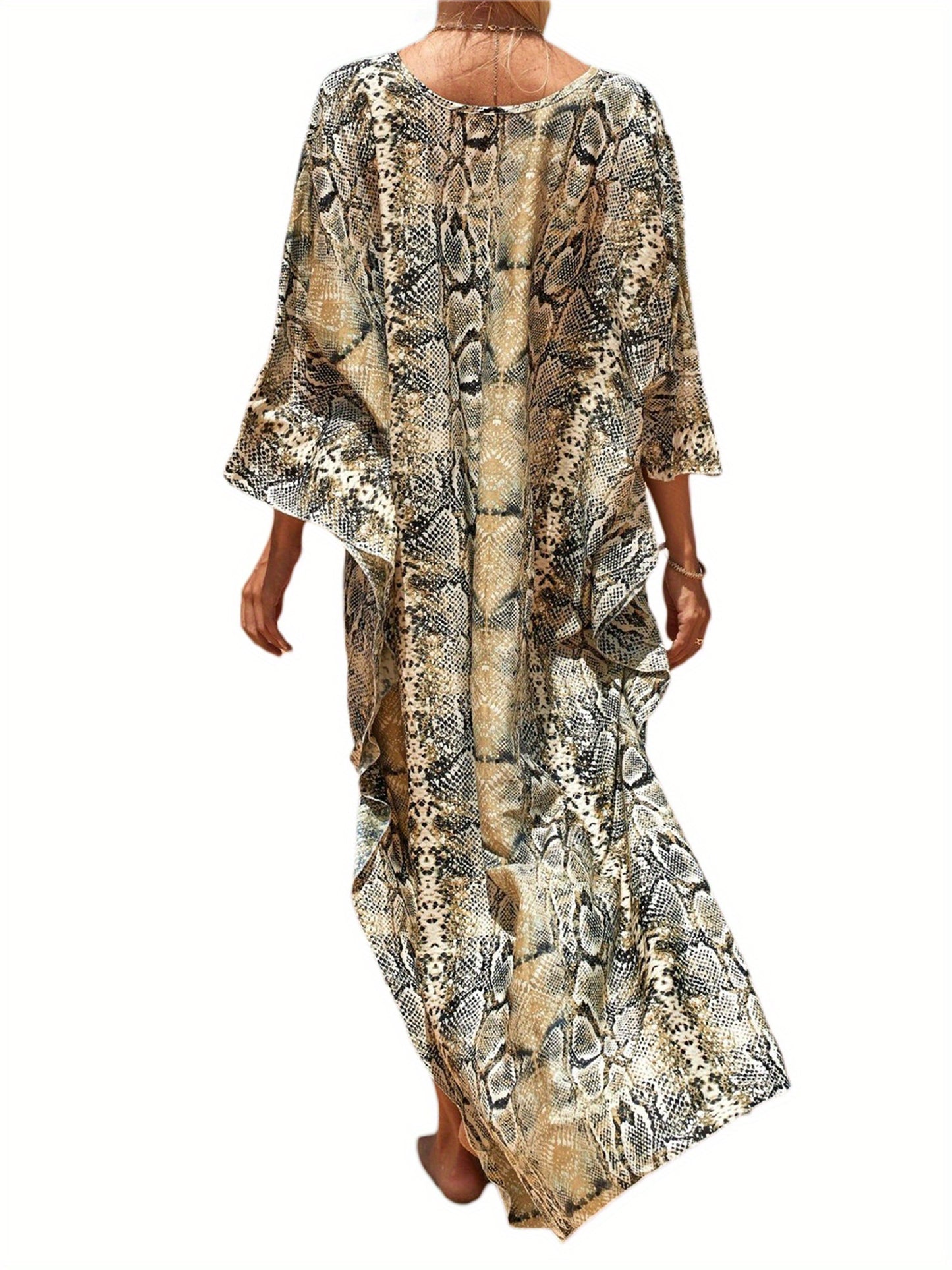 Women's Plus Size Viscose Kaftan Bikini Cover Up Dress - Casual V-Neck Long Sleeve Beach Sun Protection Smock with Random Print Design for Summer Outings, Casual Wear | Patterned Kaftan | Viscose Fabric