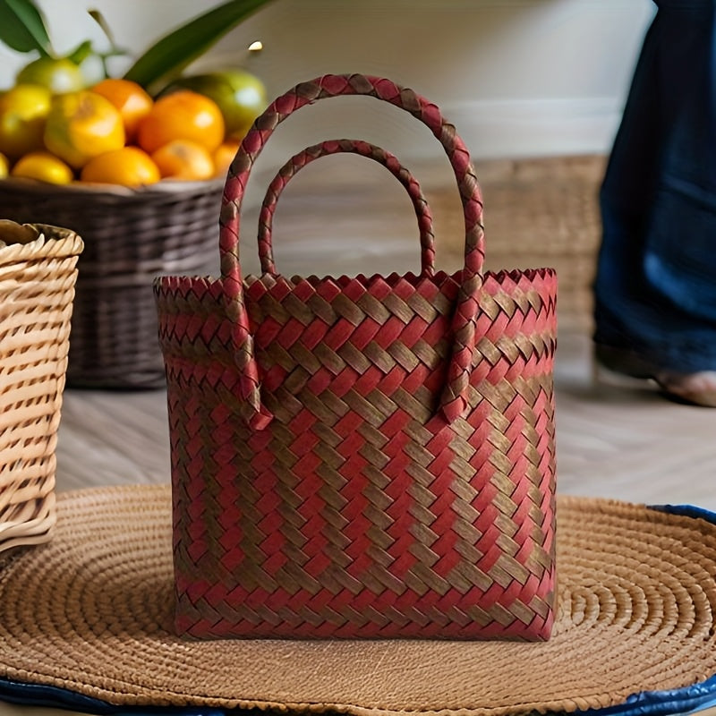 One Piece, Hand-Woven Handbag Handheld Versatile Women's Bag, Suitable for Vacation, Imitation Rattan Design, Tote Bag Style