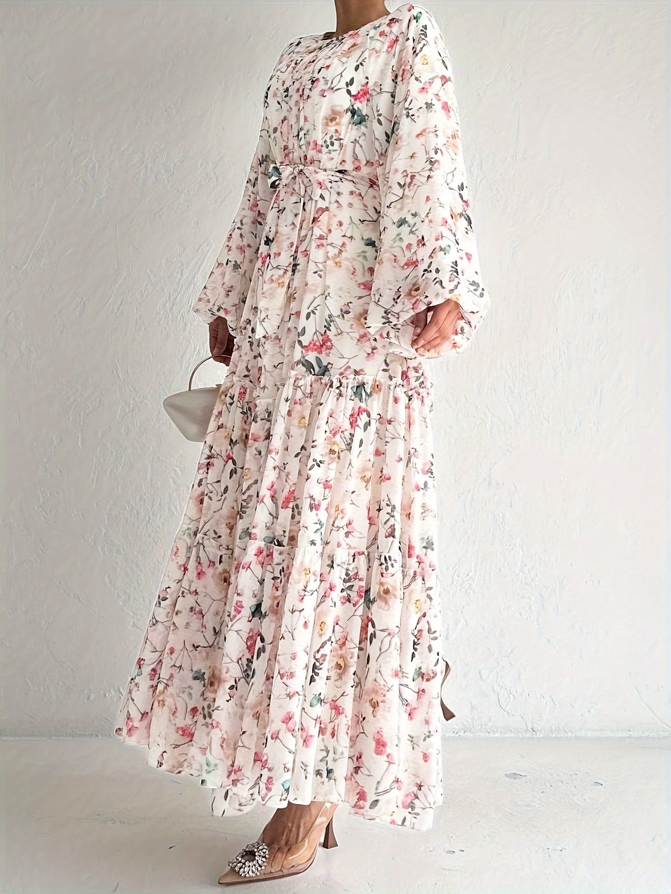 Elegant Long Sleeve Maxi Kaftan Abaya - Floral Print, Micro Elastic Polyester, Belted, Machine Washable, Middle Eastern Style, Random Printing - Perfect for All Seasons