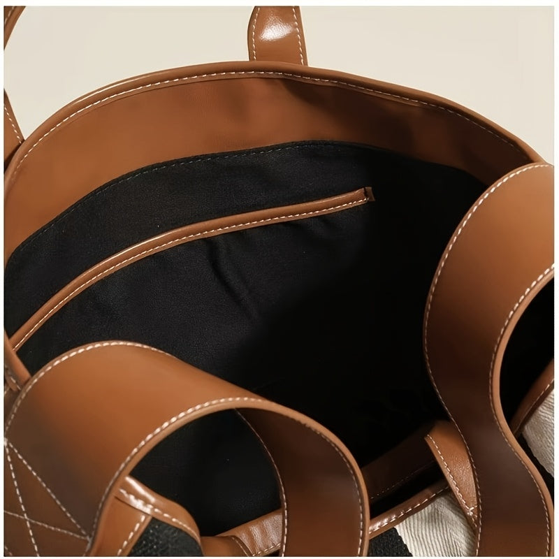 Genuine Leather & Large Capacity Striped Tote Bag for Women - 15-inch Laptop Compartment, Magnetic Closure