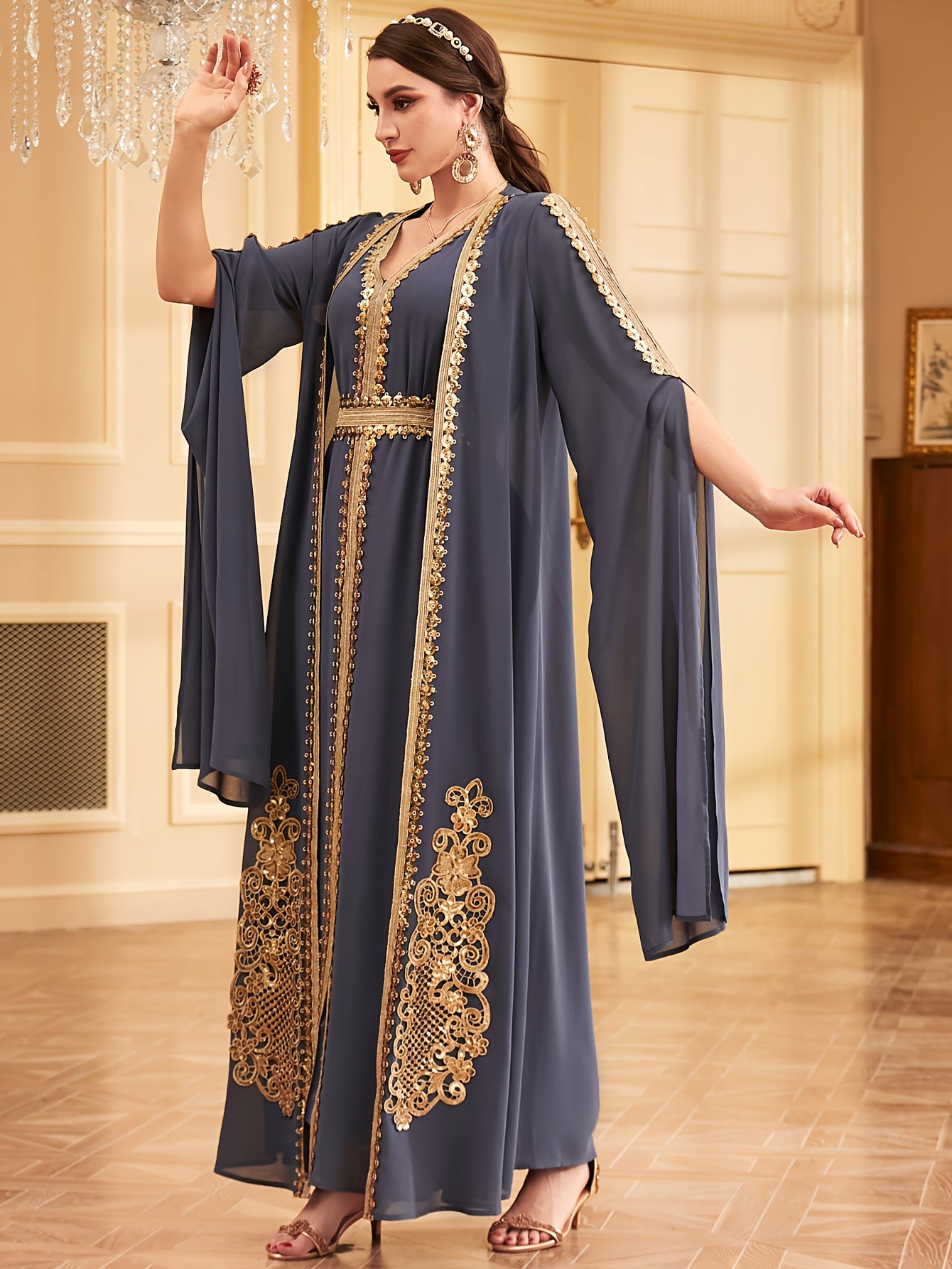 Two-piece Set: Fashion Embroidered Vest with Waist Cincher and Long Skirt + Cardigan with Sequins and Split Long Sleeves Abaya Gown Dress