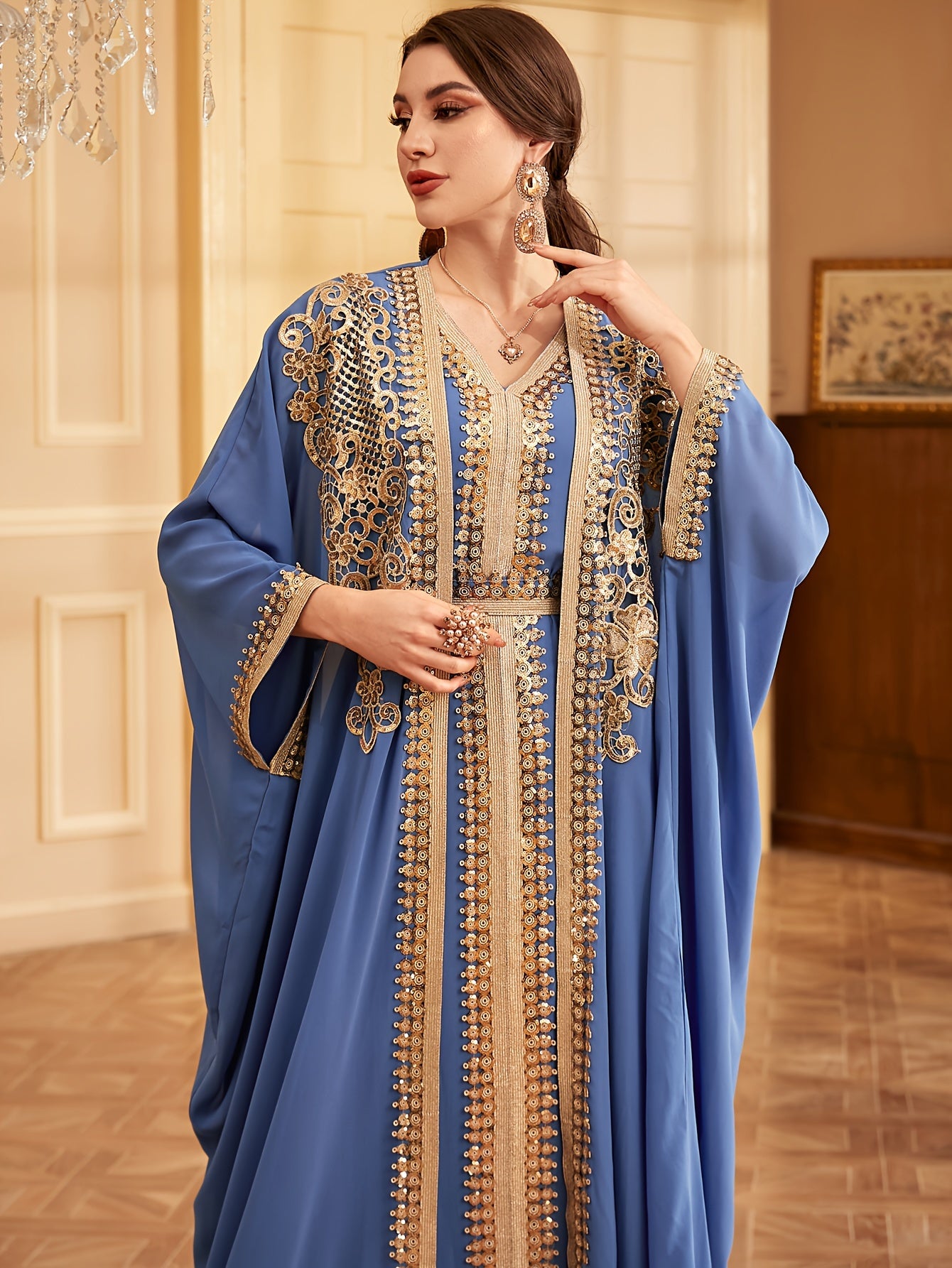 Middle Eastern Muslim Lace Weft Vest Abaya Gown Dress + Cardigan Sequin Embroidery Bat Sleeve Loose Robe Jacket Two-piece Set