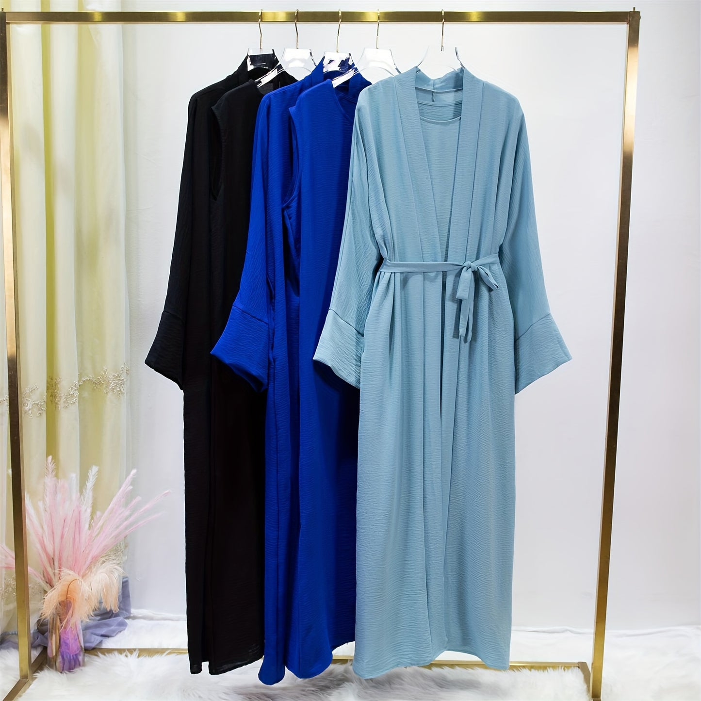 Ramadan Solid Color Modest Pakistani Abaya Set, Casual Crew Neck Sleeveless Tank Dress & Open Front Long Sleeve Tie Cardigan Outfits, Women's Clothing