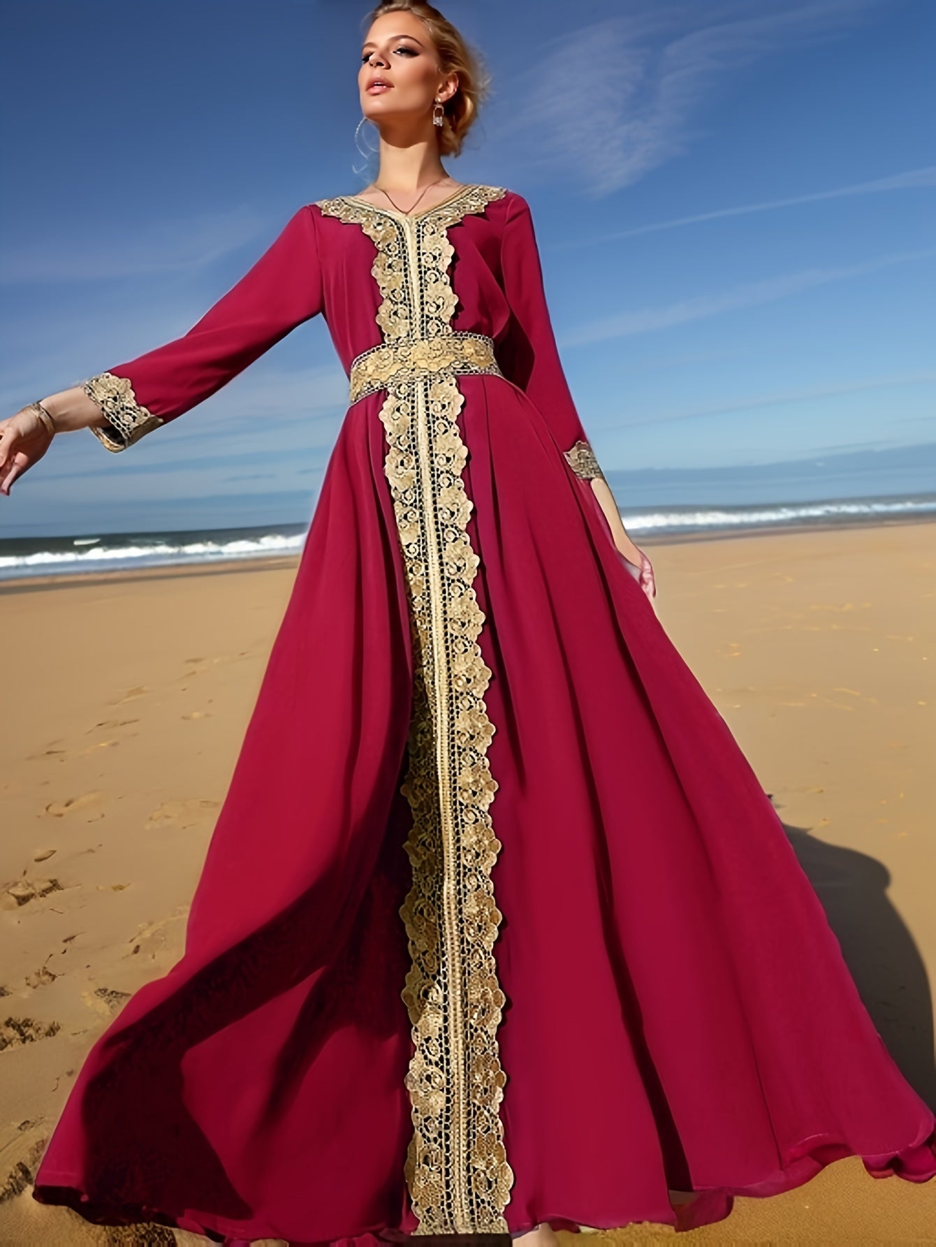 Elegant Golden Contrast Lace Detail Maxi Palestinian Abaya - V-Neck, Long Sleeve, Polyester, Formal or Evening Wear for Women, Formal Occasion Attire | Lace Detailing | Polyester Fabric