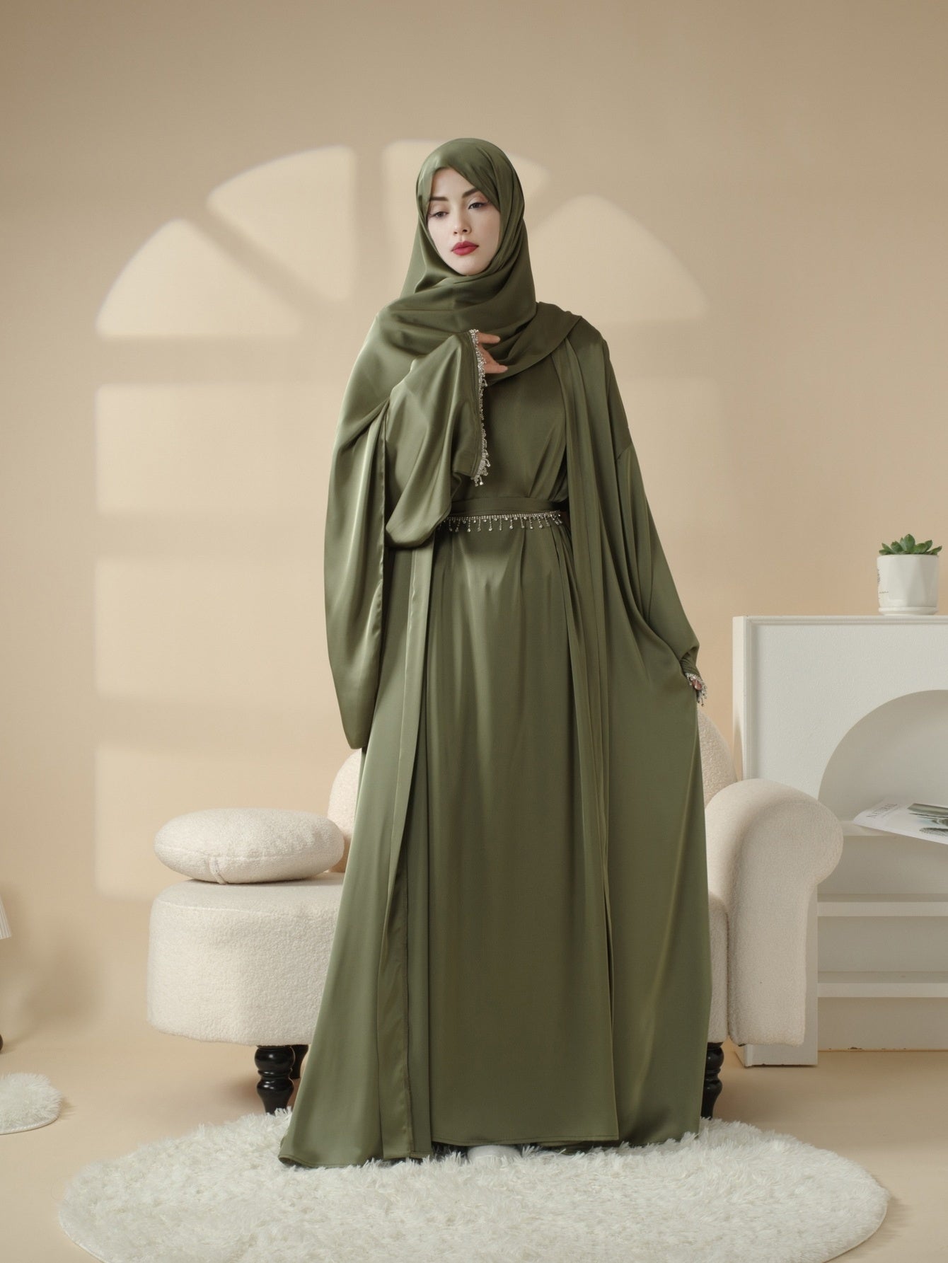 4pcs Satin Diamond Tassel Emirati Abaya Set Eid Al Adha, Abaya Muslim Women's Ramadan Iftar Eid Al Adha Iftar Holy Commemoration Prayer Garment Long Robe Gown Global Spring Summer