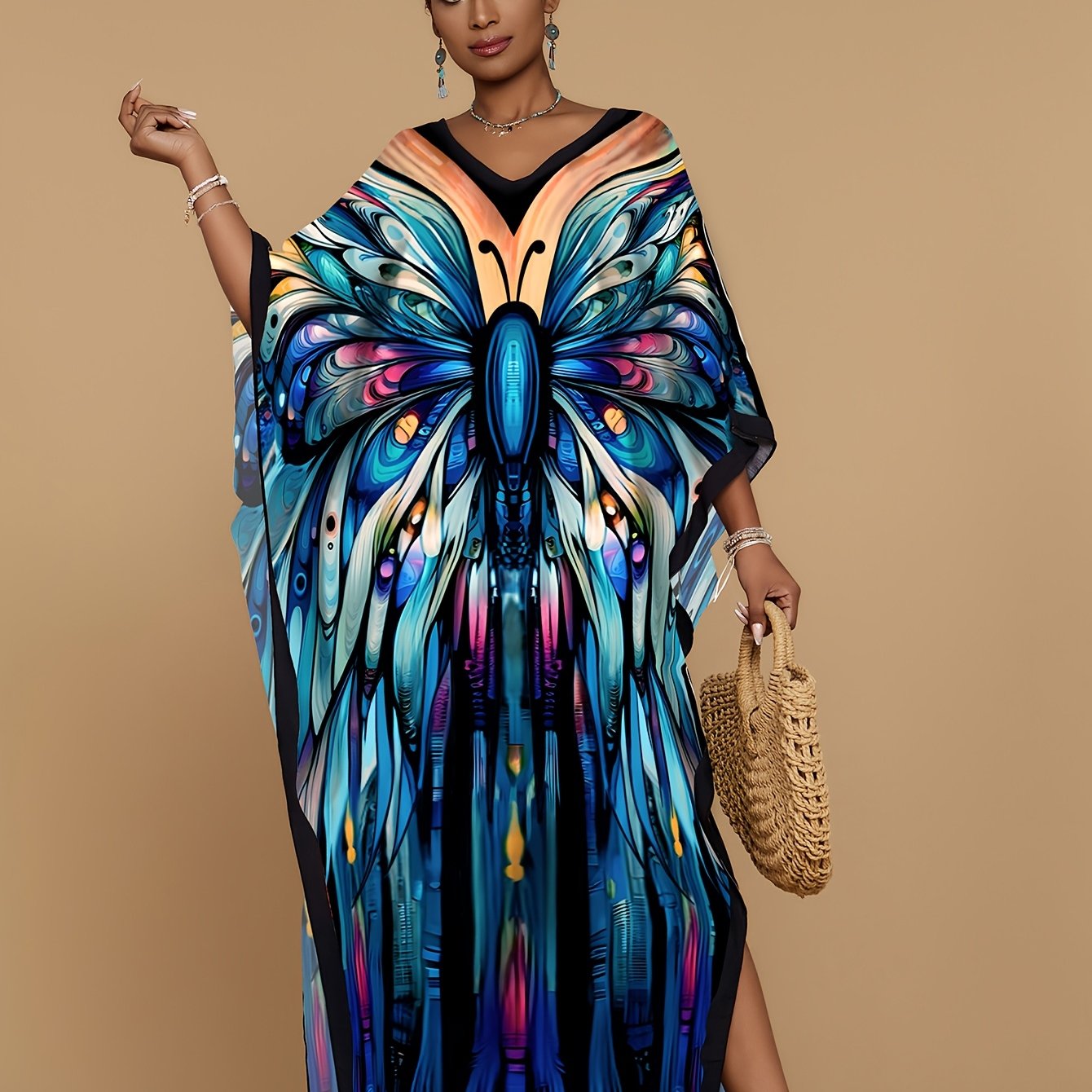 Kaftan Dresses For Women Bohemian Printed V-neck Beach Coverup Batwing Sleeves Kaftan Robe Casual Home Vacation Swimwear Coverup Ethnic Style Dress