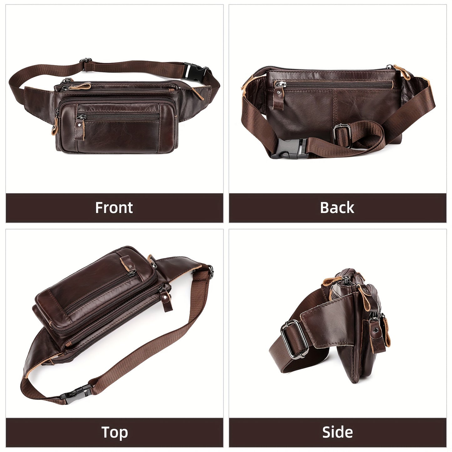 Genuine Leather Fanny Pack for Men & Women - Adjustable Crossbody Sling Bag with Multiple Zippered Compartments, Compact Chest Pack for Outdoor Travel
