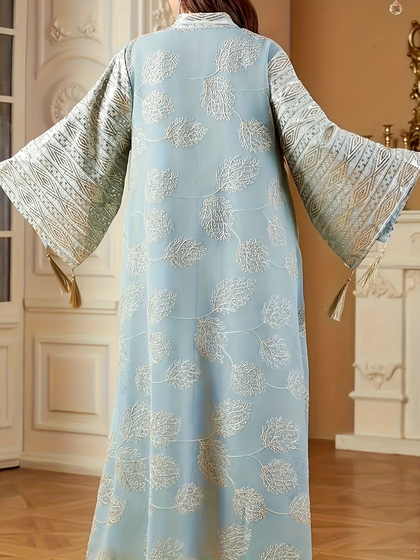 Elegant Blue & Golden Embroidered Abaya for Women - V-Neck, Split Sleeves, Asymmetrical Hem, Floor-Length Traditional Dress with Beaded Detailing, Perfect for Evening Wear, Allseason Abaya|Elegant Embroidery|Asymmetrical Hem