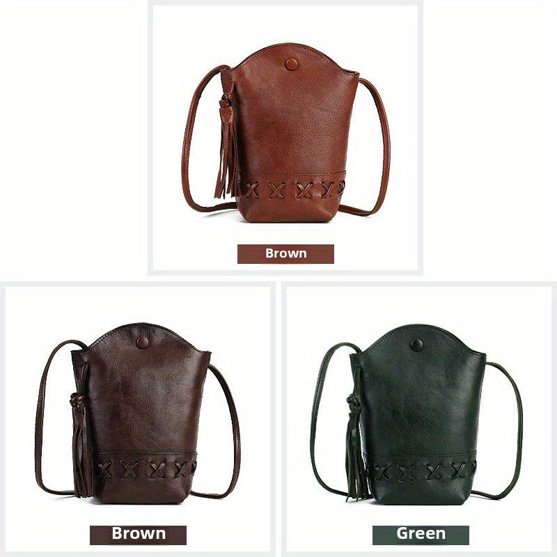 New Women's Bag with Design Sense, Retro Top-Grain Leather Cowhide Woven Phone Bag, Mini Crossbody Single-Shoulder Casual Fringed Bucket Bag