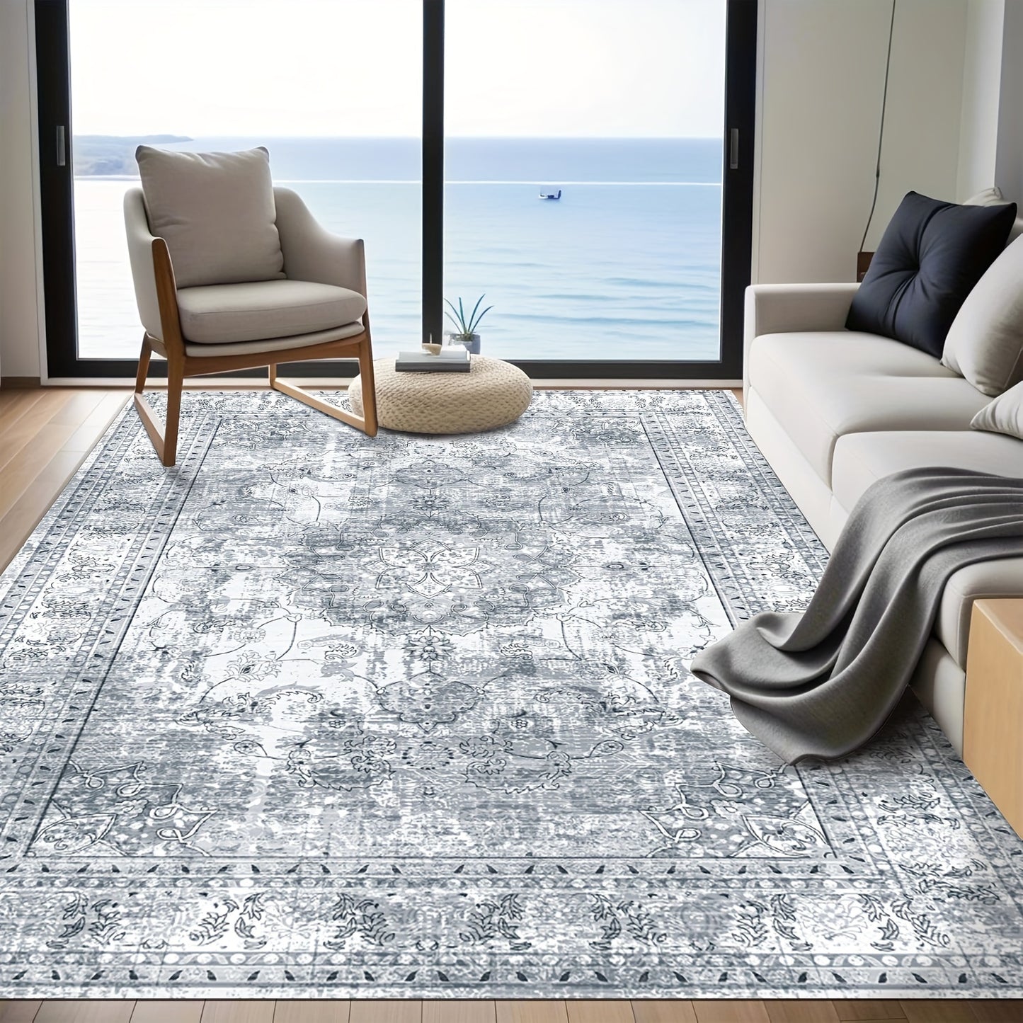 Area Rugs Boho Washable Area Rug For Bathroom, Bedroom, Large Area Rugs For Living Room Dining Room, Bohemian Vintage Non Slip Low Pile Indoor Accent Carpet For Home Office-blue Color Bathroom Mat