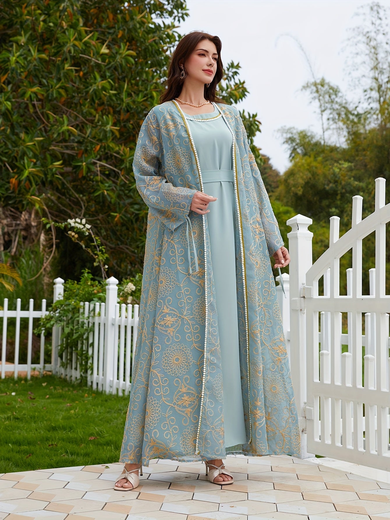 2pcs embroidered gray-blue Turkish elegant festive abaya set