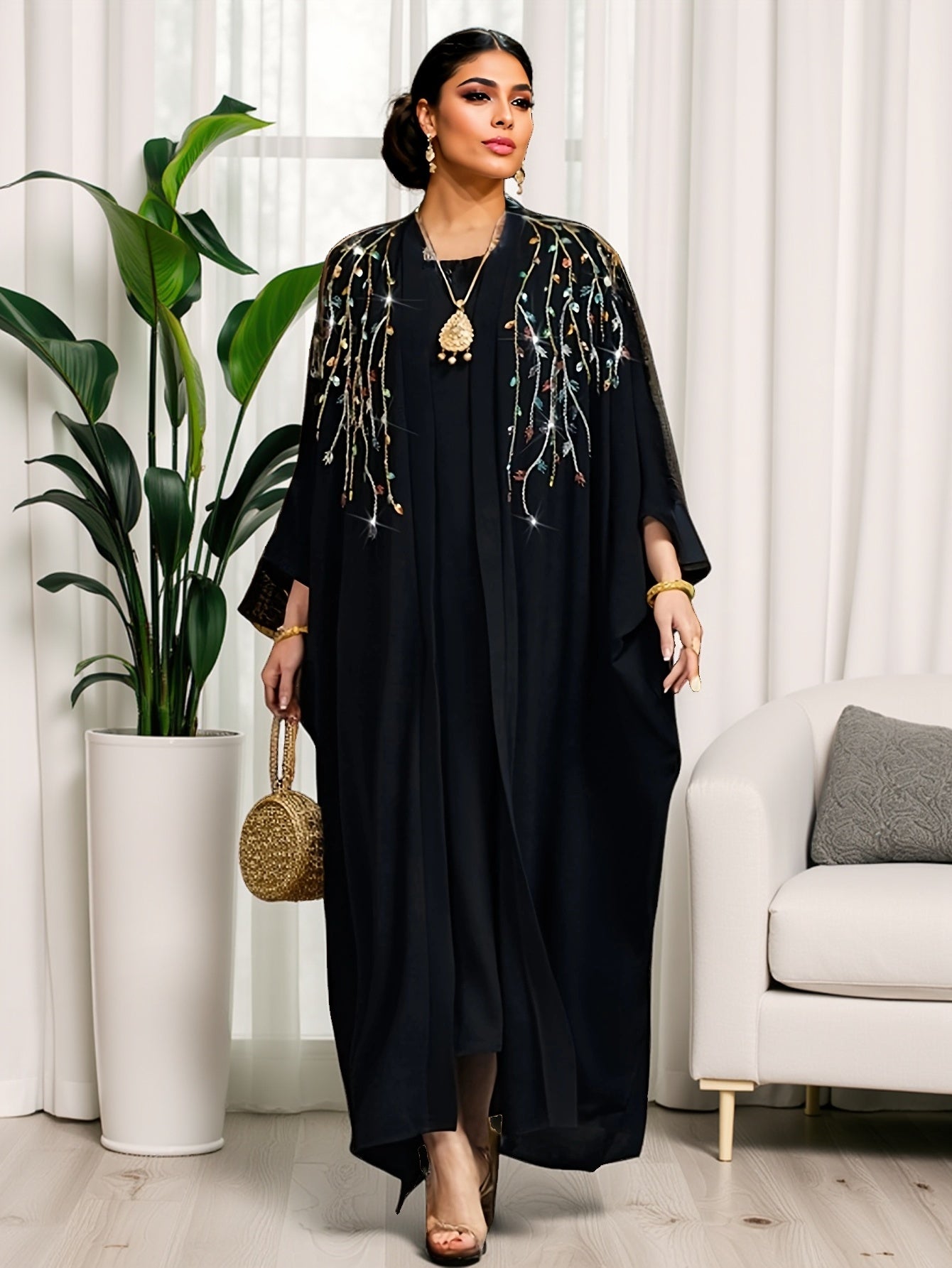 1pc Women's Black A-Line Abaya Dress with Sparkling Rhinestone Embellishments - Loose Fit Long Sleeve Elegant Party & Formal Wear for Birthdays, Weddings, Galas, Dresses for Party, Wedding Guest Attire, Flowy Fabric Gown, Nont