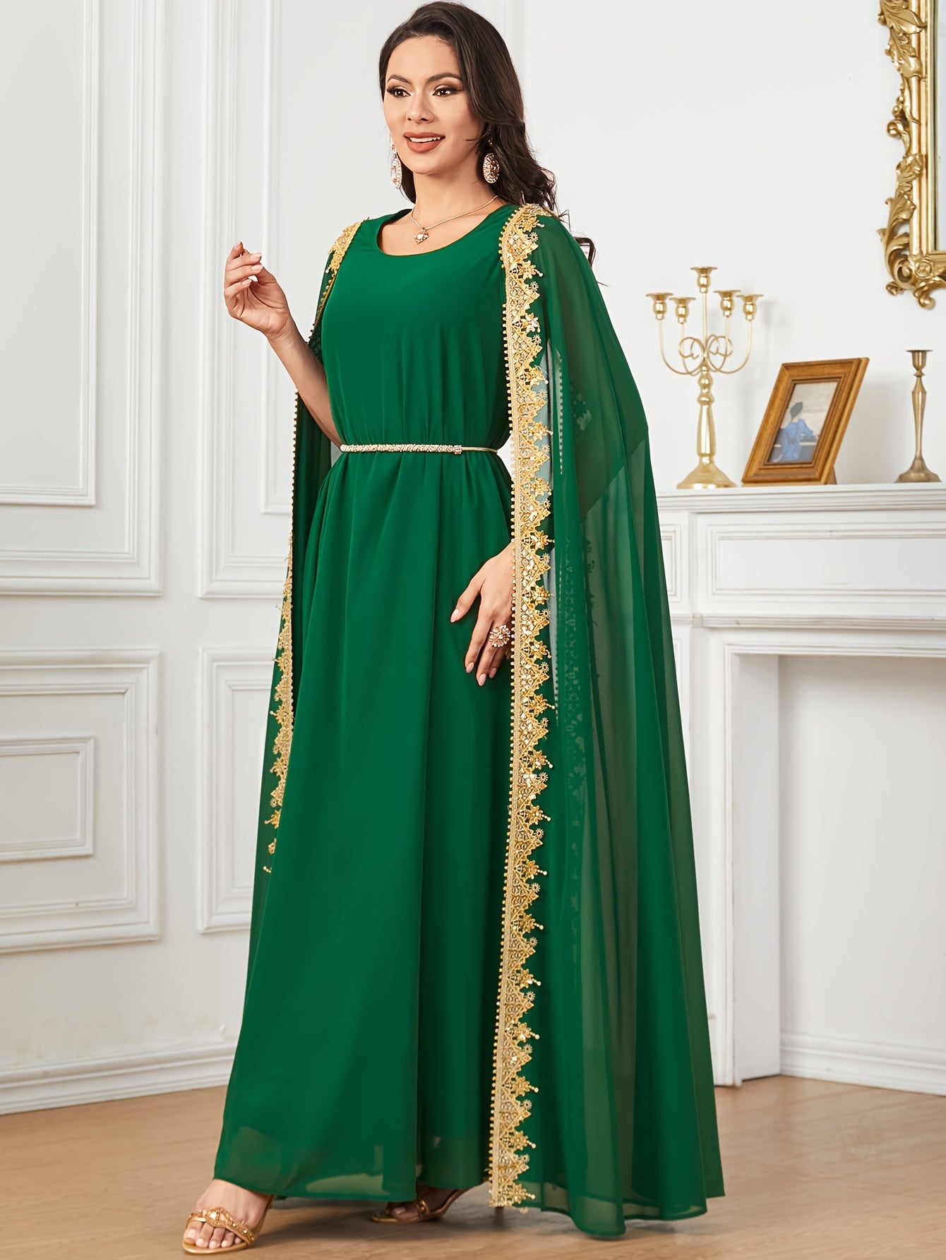 Middle Eastern-Inspired Emerald Green Sequin-Trimmed Lace Embroidery Robe Modern Abaya - Long Sleeve A-Line Gown with Golden Accents, Machine Washable Formal & Casual Wear