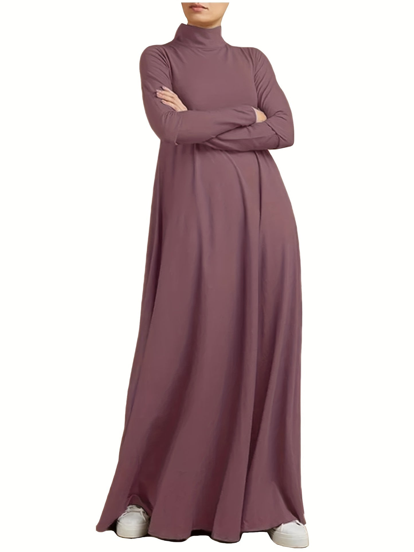 Solid Color High-Neck Long Arabic Abaya for Women in Muslim Style