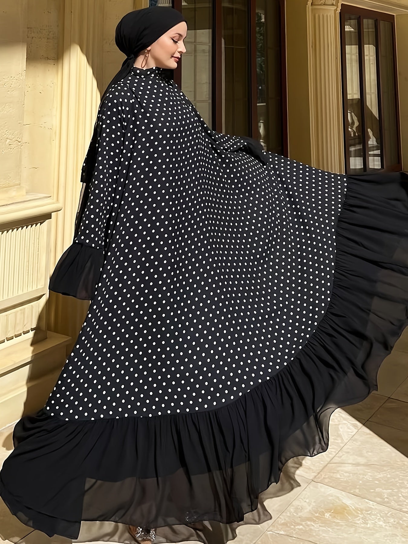 Middle Eastern Inspired Baju Abaya Dress With Polyester And Spandex, Dot Pattern, Machine Washable, All-Season