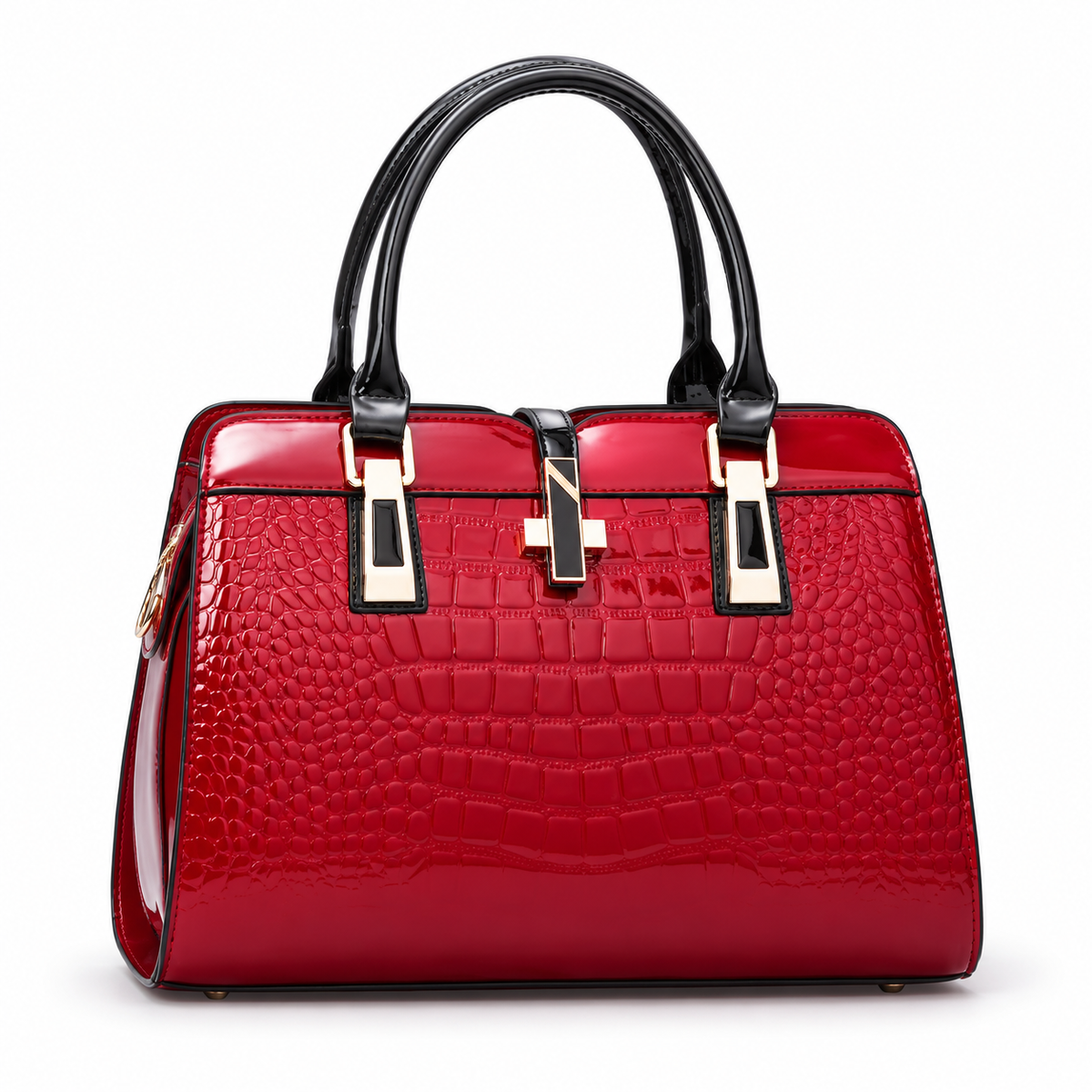 Glossy Red Crocodile Embossed Handle Handbag