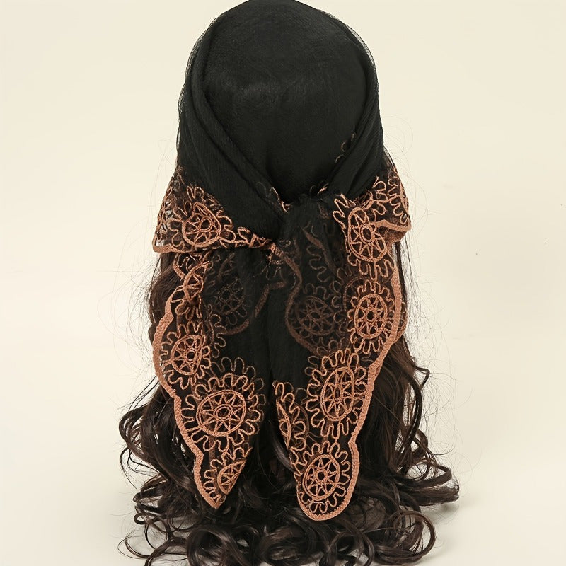 Thin Gauze Paisley Embroidery Elegant Square Scarf | Casual Rusty Brown Head Wrap