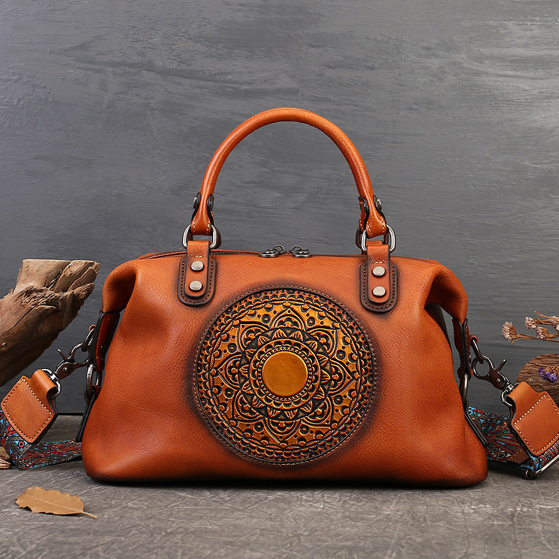 Women's Genuine Leather Satchel Business Handbag - Light Brown Geometric Retro Totem Design, Large Capacity Convertible Shoulder/Handbag with Adjustable Strap