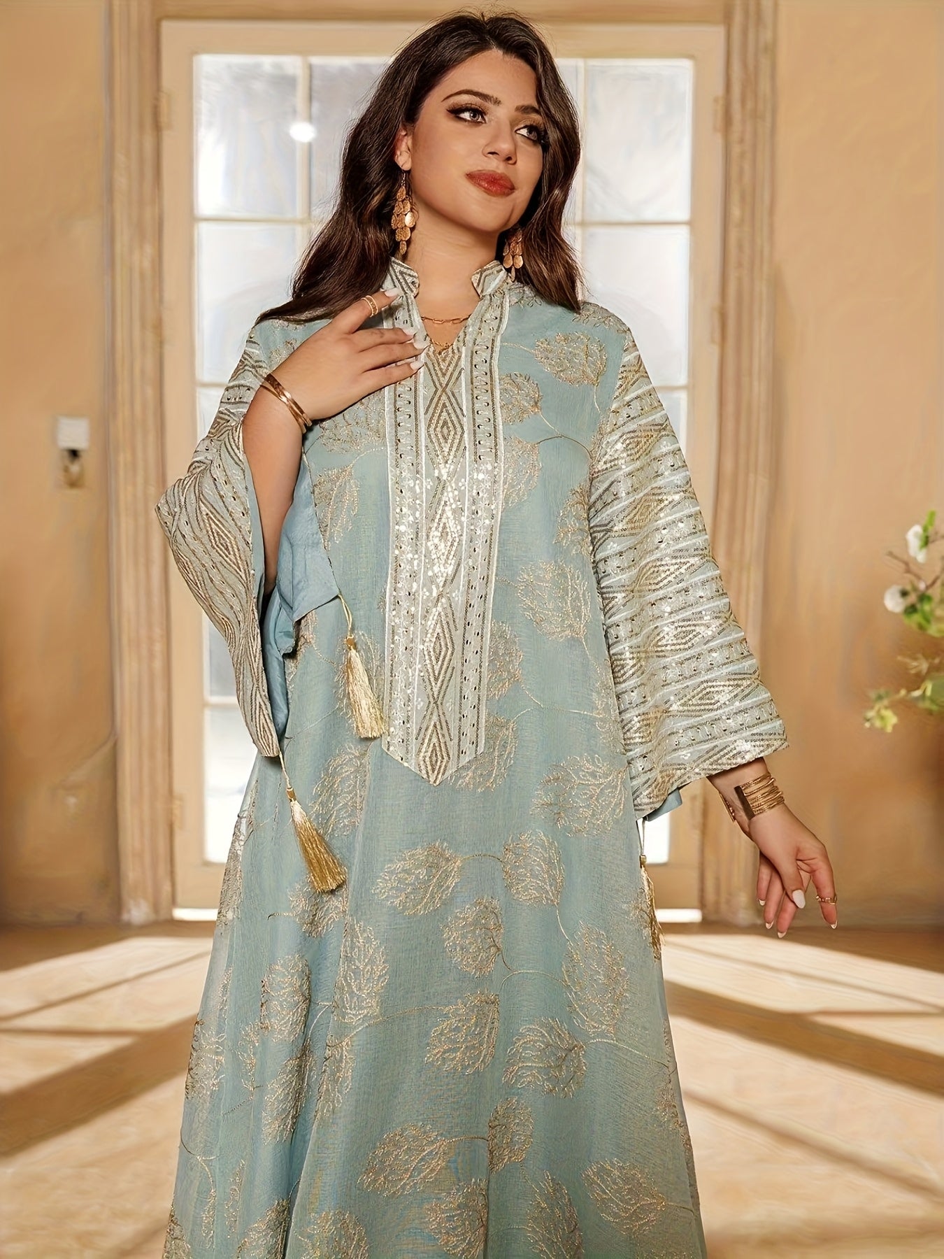 Elegant Blue & Golden Embroidered Abaya for Women - V-Neck, Split Sleeves, Asymmetrical Hem, Floor-Length Traditional Dress with Beaded Detailing, Perfect for Evening Wear, Allseason Abaya|Elegant Embroidery|Asymmetrical Hem