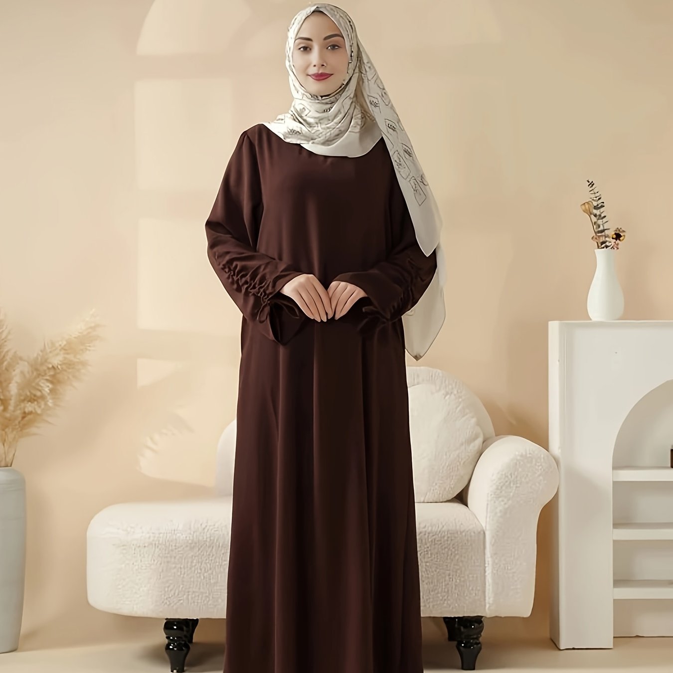 1 Luxury Satin Modest Jibab Abaya Set for Women, 4pcs Muslim Female Ramadan Prayer Dress, Long Robe, Elegant Open Breathable Abaya, Top, Pants and Matching Headscarf, Middle Eastern Arabic Malaysia Islamic Women, Eid al-Adha Gift R