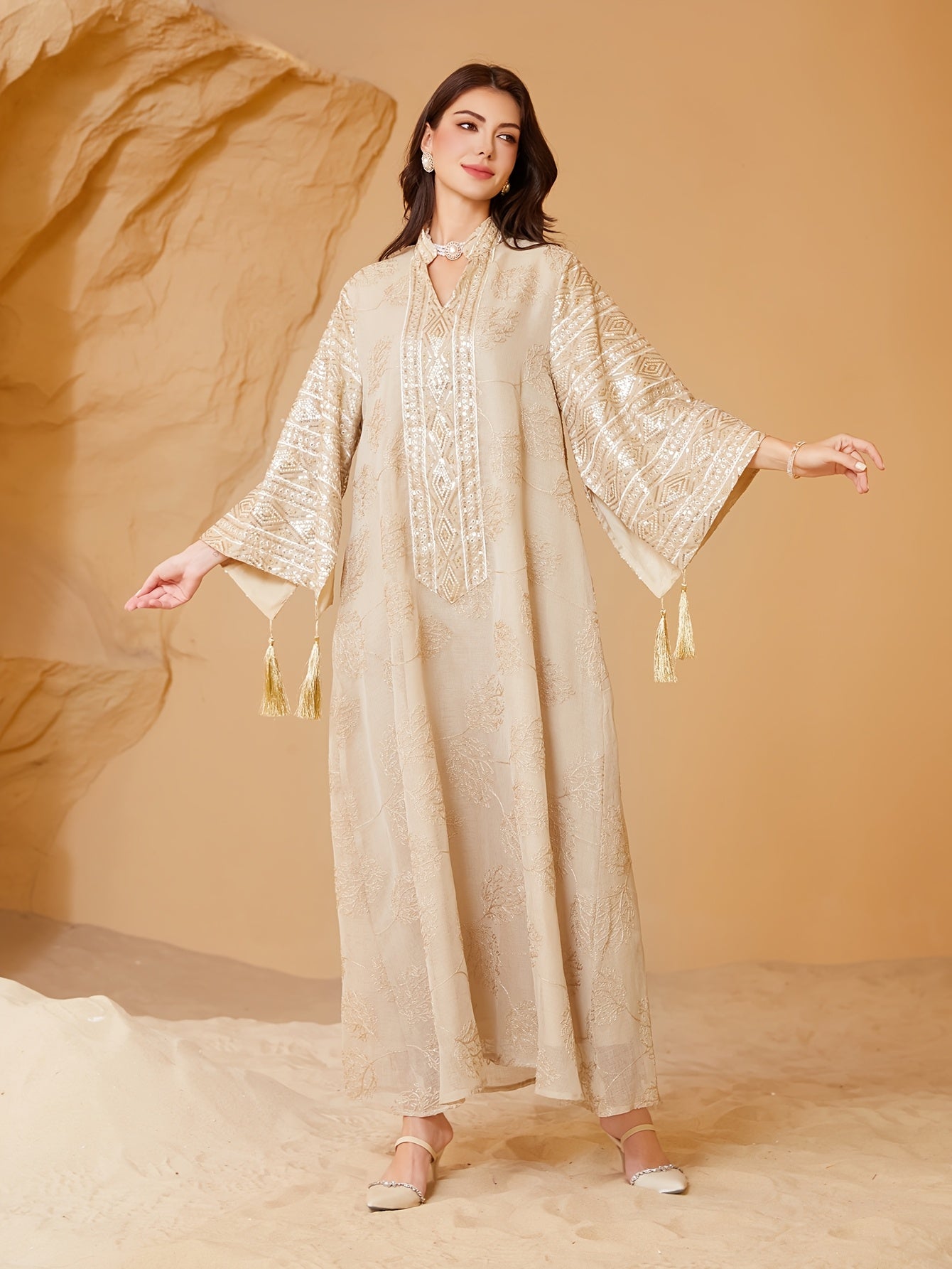 Oriental Middle Eastern Muslim Eid New Style Dress Women's Abaya V-Neck Regular Fashion Slit Sleeve Mesh Embroidery Beaded Craft Evening Gown Jalabiya Turkish Evening Wear Abaya