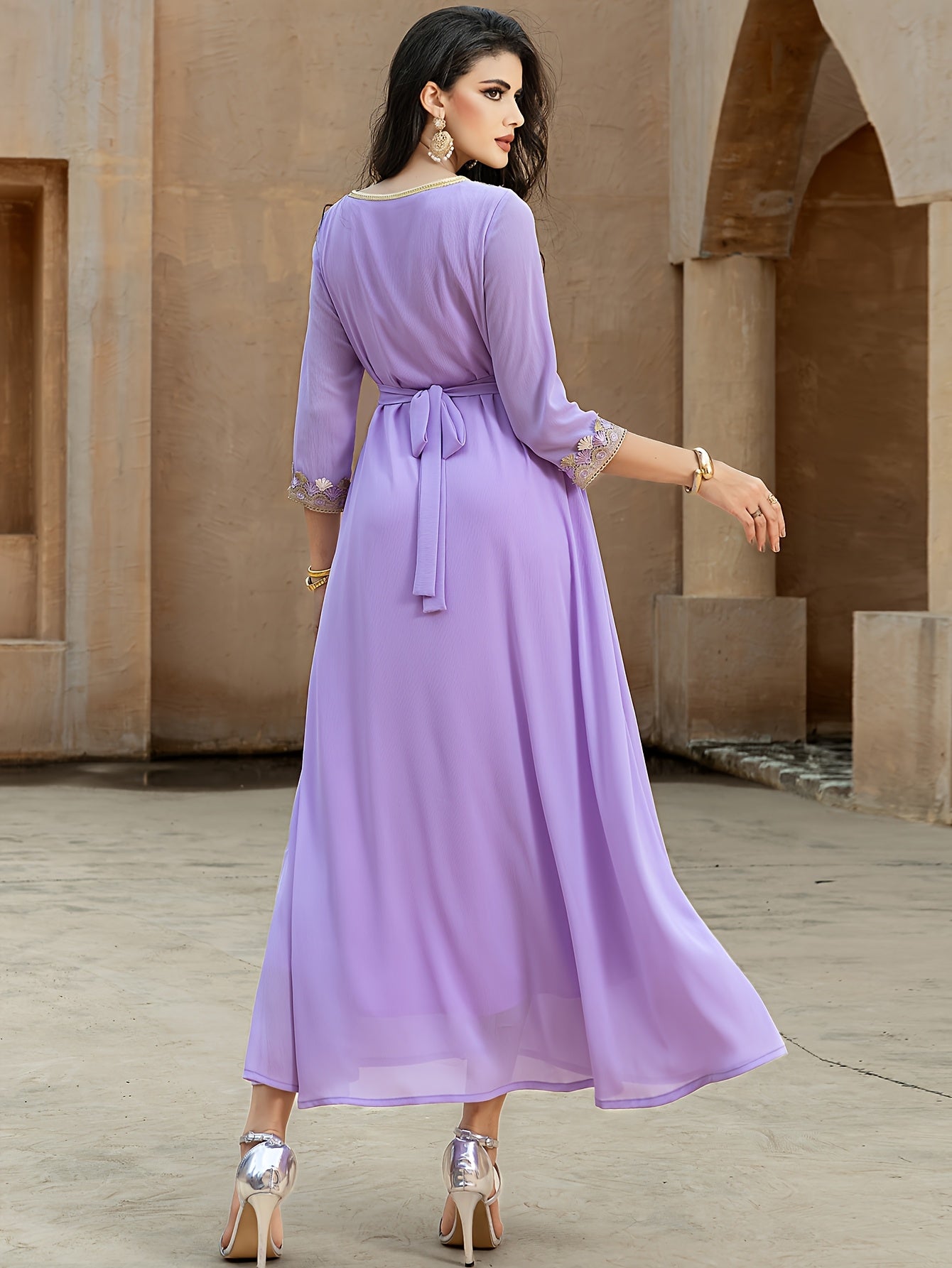 Women's Elegant Middle Eastern Turkish Abaya - Solid Color 100% Polyester with Lace Trim & Golden Accents, Long Sleeve Loose Fit for All-Season Wear, Hand Wash Only