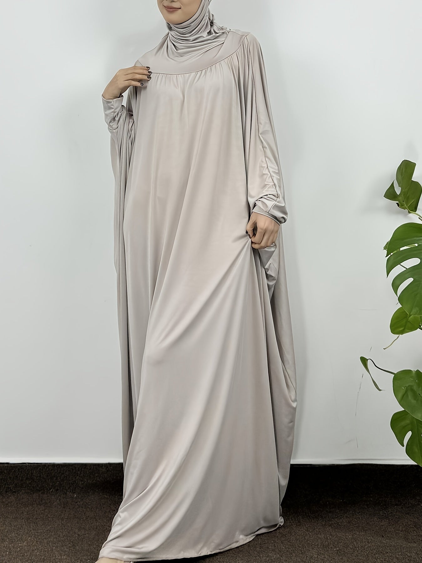 Ramadan Solid Hooded Kaftan, Elegant Batwing Sleeve Arabic Abaya, Women's Clothing