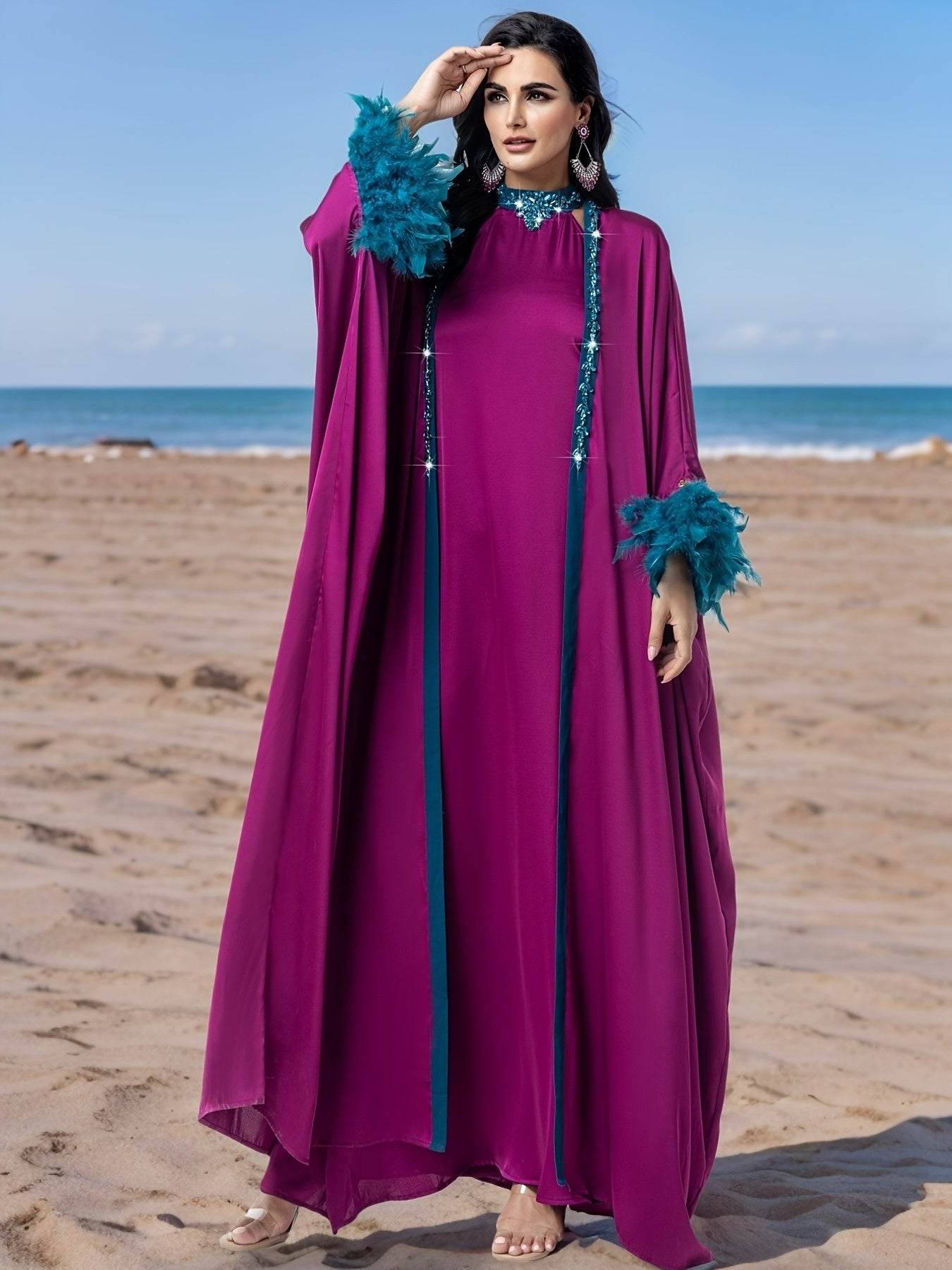 Elegant Purple Three-Piece Robe Set with Blue Sleeves and Sequined Collar, Featuring Modern Abaya Gown With Headscarf for an Air of Sophistication