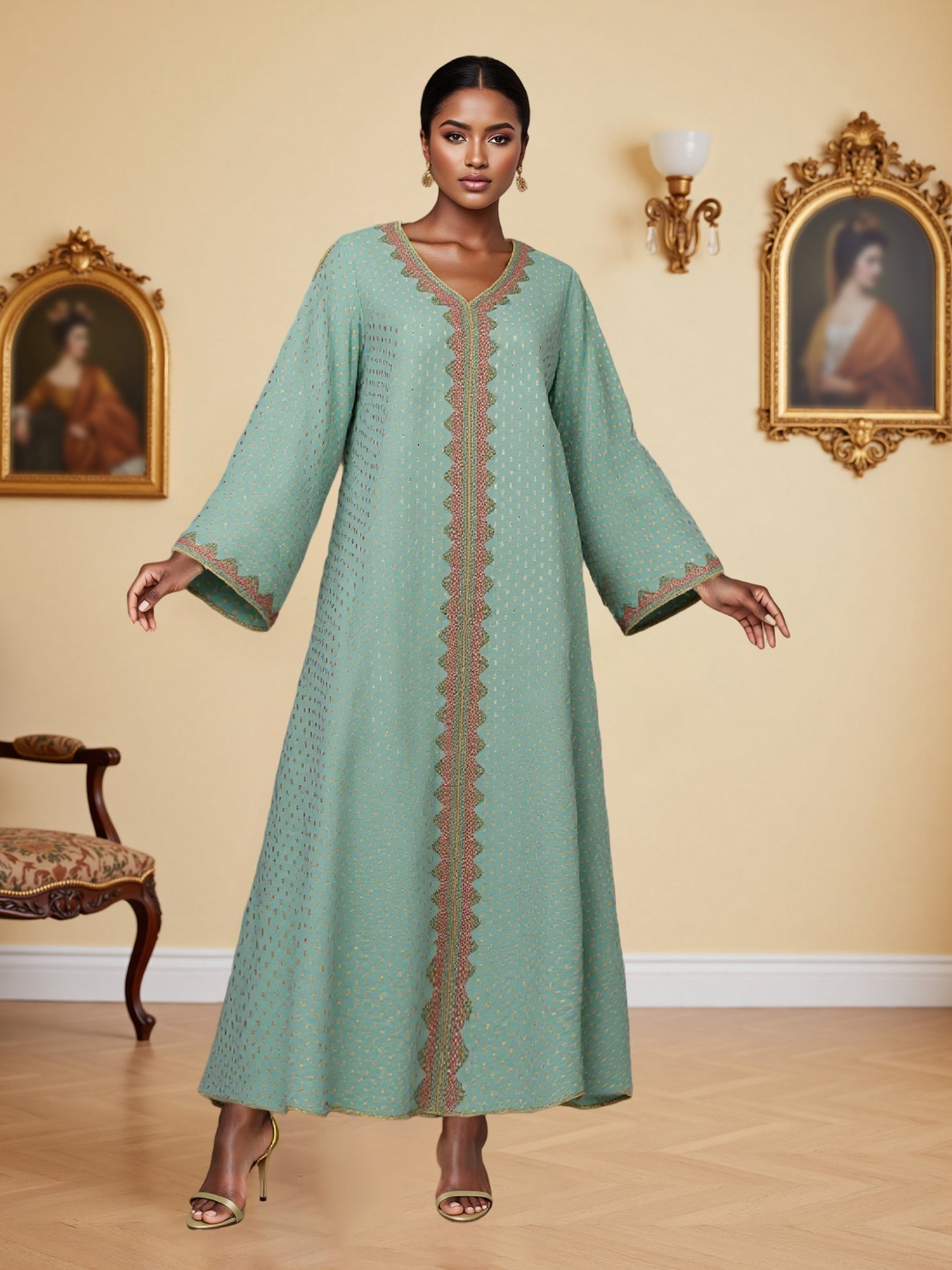 Elegant V-Neck Long Sleeve Baju Abaya Dress for Women - Green & White Polka Dot, Loose Fit with Pockets, Perfect for Daily Wear, Spring/Fall Fashion, Casual Attire | V-neck Dress | Polyester Fabric