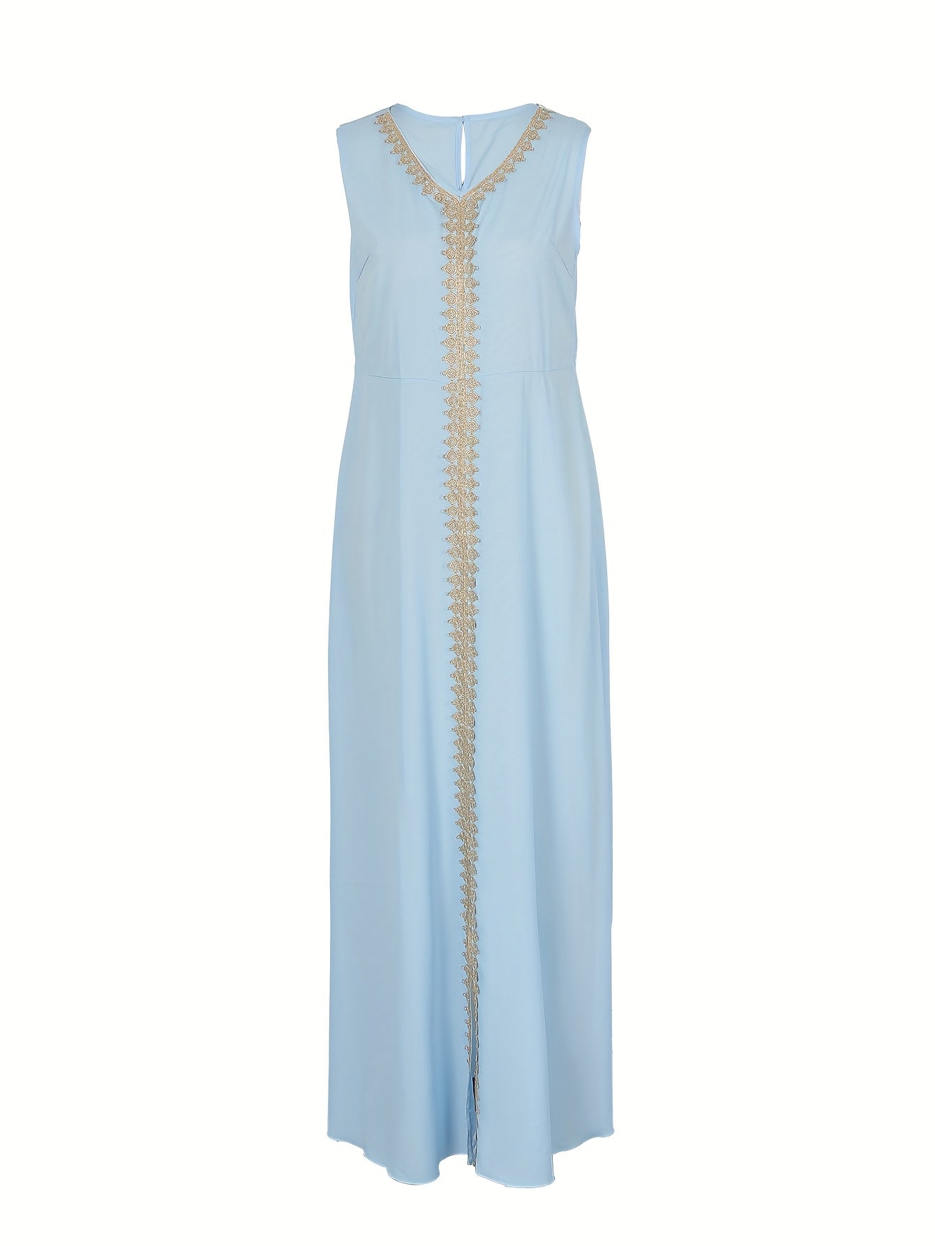 Long Sleeveless V-Neck Abaya Dress | Women's Middle Eastern Arabian Lace-Trimmed with Golden Embroidery & Adjustable Waist Belt | Modern Silklike Fabric for Festive Performances, Weddings