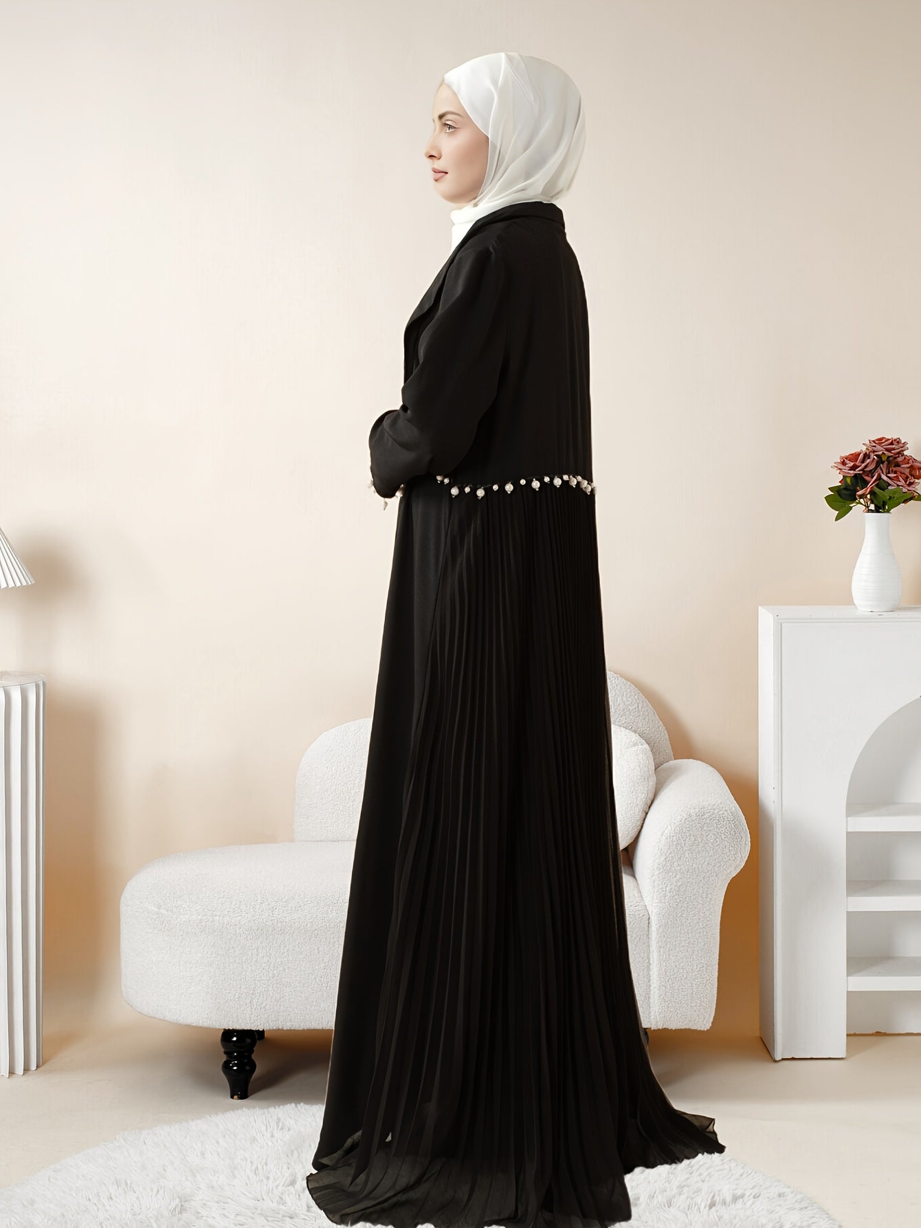 Elegant Pearl-Embellished Black Emirati Abaya with Ruched Detail - Long Sleeve, Floor-Length, Summer Wear for Women, Versatile Fashion|Ruched Abaya|Pearl Embellishments
