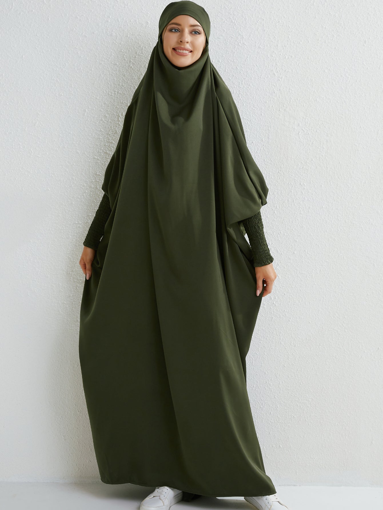 Elegant Loose-Fit Abaya Robe with Built-In Headscarf - Modest Ramadan Prayer Dress, Long Sleeve Butterfly Cuff Traditional Middle Eastern Full-Length Cover Dress, Solid Color Machine Washable, Religious Attire, Allseason Wear