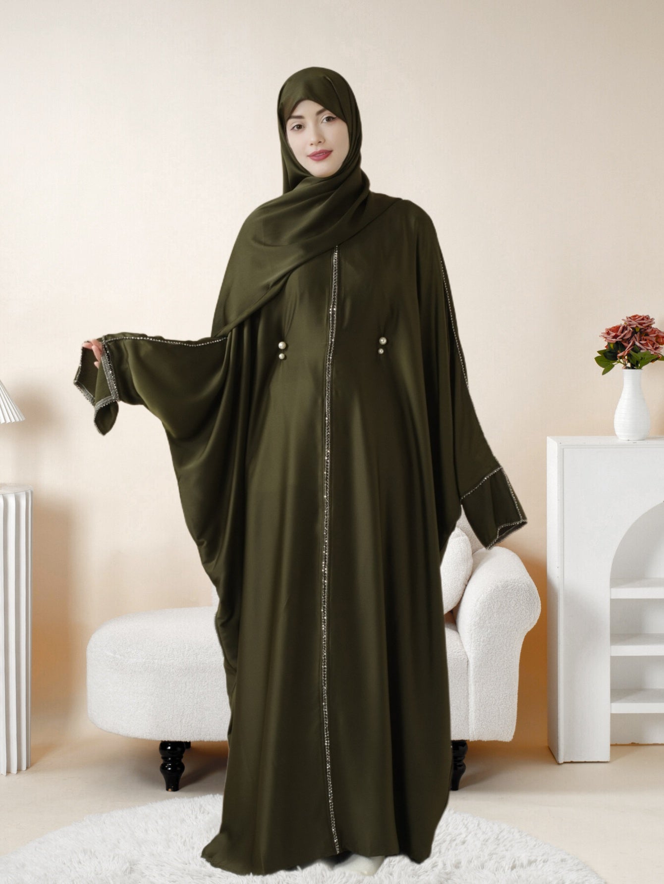 Batwing Emirati Abaya with Matching Hijab | Batwing Sleeve Abaya – Elegant Middle Eastern Arab, Islamic Style Shawl Robe Dress for Women, Long Skirt, Ramadan Prayer Outfit